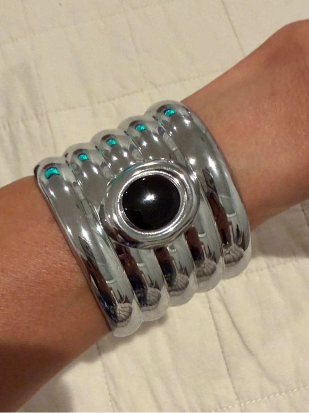 Heaven Mayhem Silver Tone Bangle Bracelet cuff with Black Stone Accent